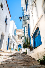 The traditional courtyard of the white and blue city with old doors and windows. Sidi Bou Said. Tunisia.