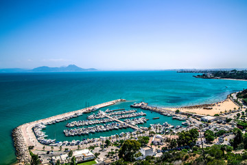 View of the port of Sidi Bou Said from the observation deck of the city. Tunisia.