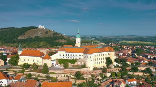 Aerial view of Mikulov Castle and old town centre of Mikulov, South Moravia, Czech Republic.