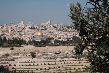 Jerusalem city with a dome of mosque with golden roof