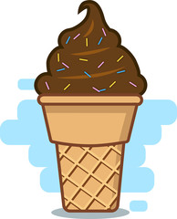 Chocolate Ice Cream in Waffle Cone. Vector flat outline icon. Comic character in cartoon style illustration. Drawing with abstract blue background.