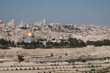 Jerusalem city with a dome of mosque with golden roof