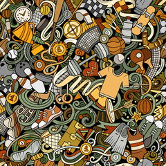 Obraz premium Sports hand drawn doodles seamless pattern. Colorful vector background