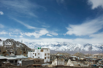 Fototapeta na wymiar Aerial view landscape and cityscape of Leh Ladakh Village with Himalayas or Himalaya mountain from viewpoint of Leh Stok Palace Museum at Leh Ladakh in Jammu and Kashmir, India