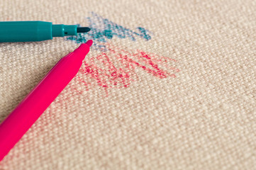 Drawn fabric on the couch with colored pencils. Furniture fabric. Cleaning concept	
