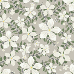 Floral vector artwork for apparel and fashion fabrics, Jasmine flowers wreath ivy style with branch and leaves. Seamless patterns background.