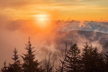 Sunrise with Solar halo and fog at Clingmans Dome of Great Smoky Mountains National Park, NC USA in...
