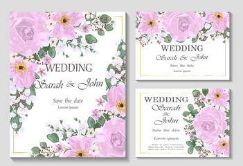 Fototapeta na wymiar Wedding invitation with flowers and leaves, watercolor, isolated on white. Vector Watercolour.