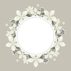 Floral greeting card and invitation template for wedding or birthday anniversary, Vector circle shape of text box label and frame, Jasmine flowers wreath ivy style with branch and leaves.