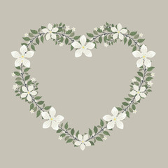 Floral greeting card and invitation template for wedding or birthday anniversary, Vector heart shape of text box label and frame, Jasmine flowers wreath ivy style with branch and leaves.