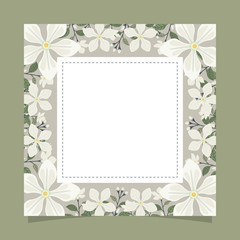 Floral greeting card and invitation template for wedding or birthday anniversary, Vector square shape of text box label and frame, Jasmine flowers wreath ivy style with branch and leaves.