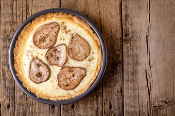 Tasty Homemade Pie With Pears and Cottage Cheese Autumn Food Pears Pie or Cake Wooden Background Top View Copy Space