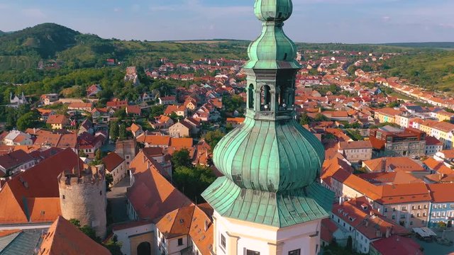 Aerial view of Mikulov Castle and old town centre of Mikulov, South Moravia, Czech Republic.