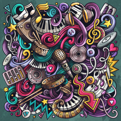 Naklejka premium Music hand drawn vector doodles illustration. Musical poster design.