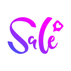 Vector illustration, sale hand drawn lettering with heart sign in the speech bubble. Minimalistic style, pink and blue gradiented letters. Applicable for sale banners, flyers, broshures, signboards.