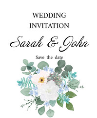 Wedding invitation with flowers and leaves, watercolor, isolated on white. Vector Watercolour.