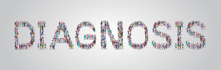 people crowd gathering in shape of diagnosis word different occupation employees mix race workers group standing together social media communication concept flat horizontal