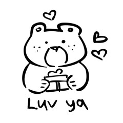 Vector illustration, line hand drawn bear with a gift and heart signs and lettering “LUV YA”. Applicable for Saint Valentine’s Day concepts, love designs, greeting cards, banners, coloring books etc.