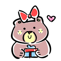 Vector illustration, line hand drawn girl bear with a gift. Applicable for Happy Birthday concepts, free gifts promo designs, greeting cards, banners, flyers etc.