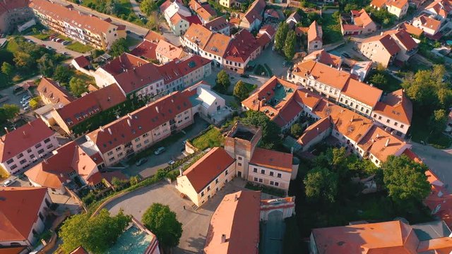 Aerial view of Mikulov Castle and old town centre of Mikulov, South Moravia, Czech Republic.