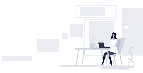 Obraz premium businesswoman sitting at workplace business woman using laptop computer working process concept modern office interior sketch horizontal