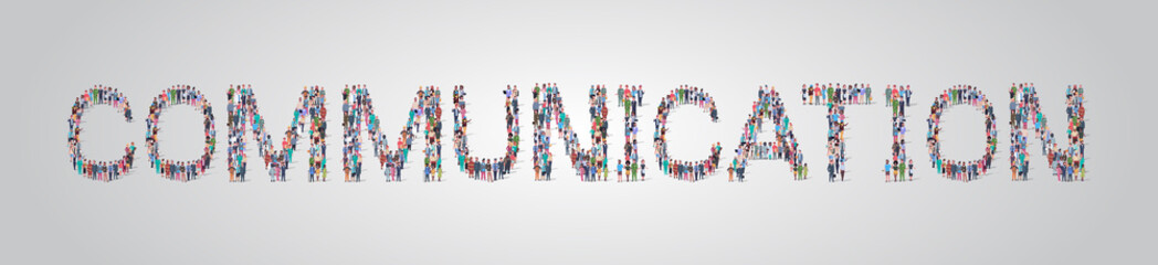people crowd gathering in shape of communication word different occupation employees mix race workers group standing together social media community concept flat horizontal