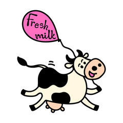 Vector illustration, line, colored running or flying spotted cow with air balloon. Hand drawn, isolated, with 