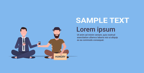 Fototapeta premium business man drinking coffee and talking with beggar tramp sitting on floor with hungry sign board begging for help homeless jobless concept flat full length horizontal copy space