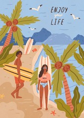 Cute happy young man and woman with surfboards on tropical sandy beach. Pair of smiling surfers on sea or ocean coast. Summer vacation at exotic resort. Flat cartoon colorful vector illustration.