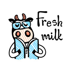 Vector illustration, line cartoon cow wearing glasses and reading book. Hand drawn, colored, isolated. 