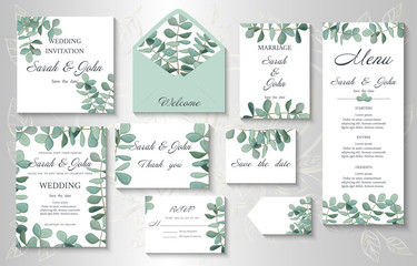Wedding invitation with eucalyptus leaves, watercolor, isolated on white. Vector Watercolour.