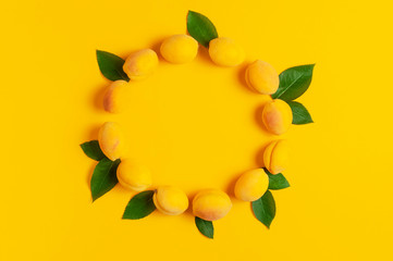 Ripe fresh apricots fruits with green leaves in shape of circle on yellow background. Flat lay, top view, copy space. Fresh organic apricots, diet vegan food. Creative Apricot pattern. Harvest concept