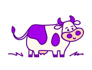 Vector illustration, line cartoon standing spotted cow in violet colors. Hand drawn, isolated. Applicable for package, poster, label designs, banners, flyers etc.