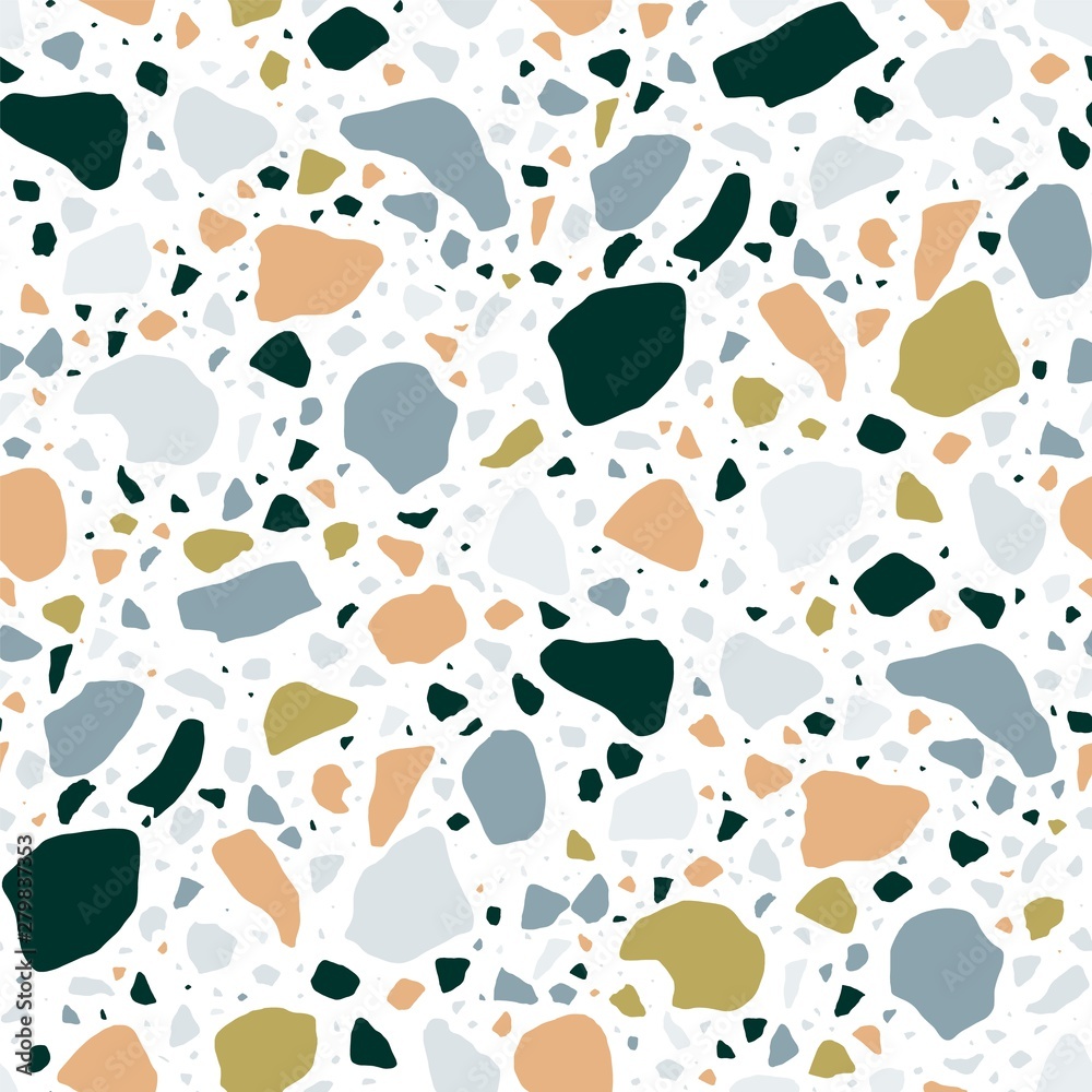 Poster Terrazzo seamless pattern with colorful rock fragments. Elegant backdrop with stone pieces or sprinkles scattered on white background. Modern vector illustration for wrapping paper, fabric print.