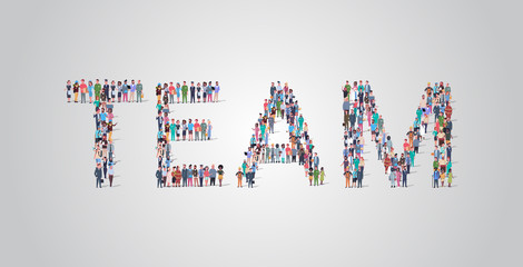 people crowd gathering in shape of team word different occupation employees mix race workers group standing together social media community concept flat horizontal