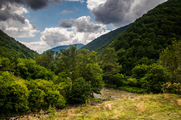 River through forest and mountains, cloudy sky. Ibar river in Serbia