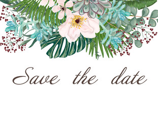 Wedding invitation with flowers and leaves, watercolor, isolated on white. Vector Watercolour.