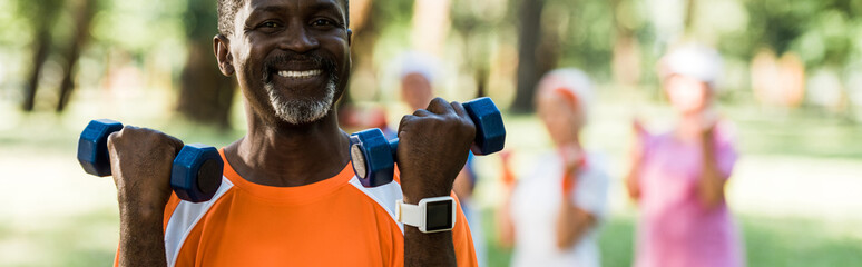 panoramic shot of african american man holding dumbbells and doing exercises - Powered by Adobe