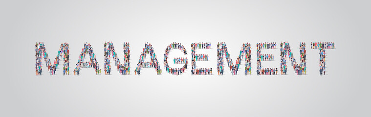 people crowd gathering in shape of management word different occupation employees mix race workers group standing together social media community concept flat horizontal