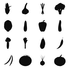 Vector set of vegetables silhouettes. Illustration of 16 vegetables icons isolated on white background. Fully editable file for your projects.