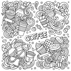 Line art vector hand drawn doodles cartoon set of Coffee combinations of objects