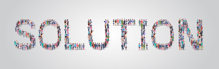 people crowd gathering in shape of solution word different occupation employees mix race workers group standing together community concept flat horizontal