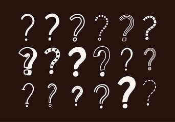 Set of doodle drawings of question marks. Collection of interrogation points hand drawn with contour lines on dark background. Brainstorm or challenge symbols. Monochrome vector illustration.