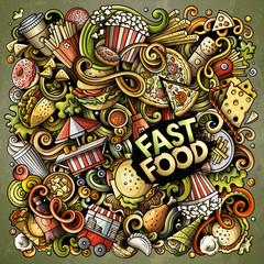 Fastfood hand drawn vector doodles illustration. Fast food poster design.