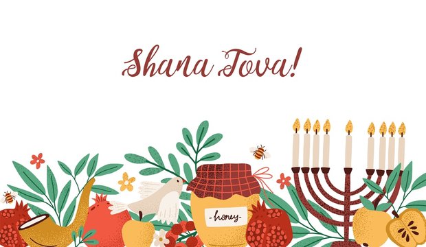 Rosh Hashanah horizontal banner with Shana Tova inscription decorated by menorah, shofar horn, honey, apples, pomegranates and leaves. Flat cartoon vector illustration for Jewish religious holiday.