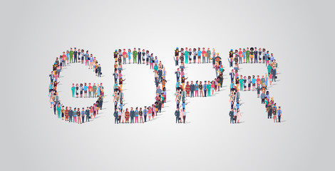 people crowd gathering in shape of GDPR word different occupation employees mix race workers group standing together social media communication concept flat horizontal
