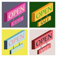 Fototapeta premium Set of Vector open door sign. Label with text in flat style. Vector illustration