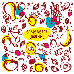 Seamless brush strokes pattern with summer garden fruits apple, pear, peach, cherry, apricot, grapes, raspberry, strawberry, gooseberry, currant with place for text.