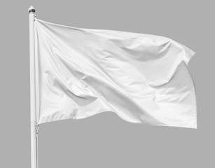 White flag waving in the wind on flagpole, isolated on gray background, closeup - obrazy, fototapety, plakaty
