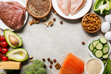 top view of raw ketogenic diet ingredients on grey background with copy space